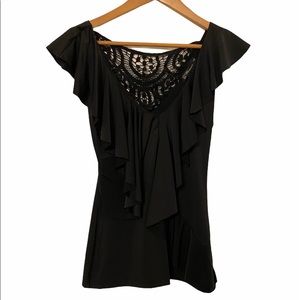 Women’s S Black Ruffle Sexy Short Sleeve Lace Black Shirt Blouse Top